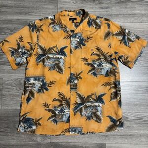 Croft & Barrow Mens Large Tropical Scenic Hawaiian Camp Shirt Mustard Yellow